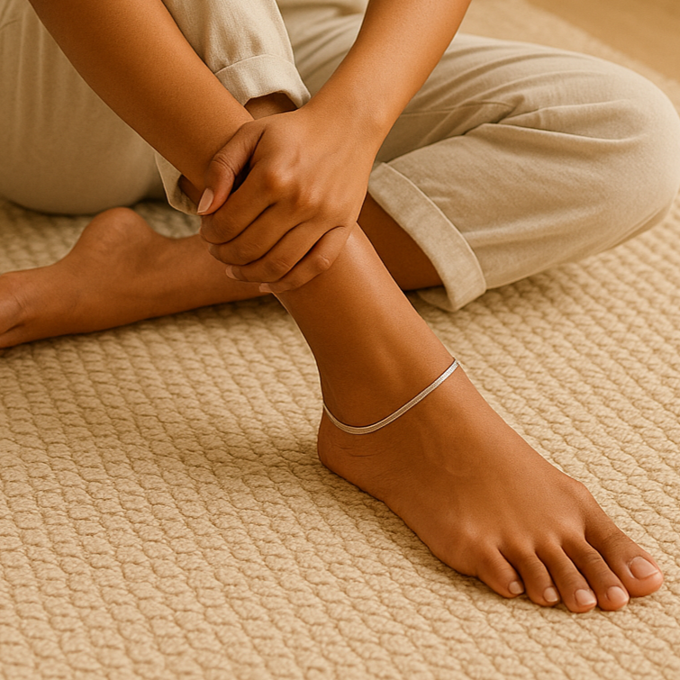 Woman sitting on a rug indoors, wearing a white tank top and light-colored pants and snake anklet